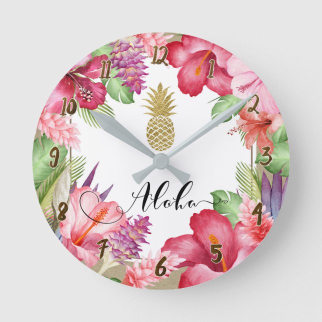 Aloha Tropical Flowers Floral Chic Gold Pineapple Round Clock (Front)