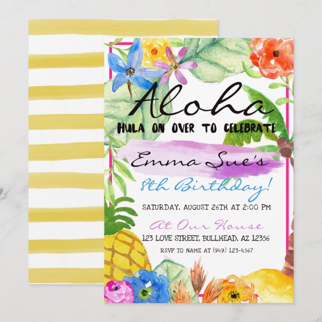 Aloha Tropical Flowers Luau Watercolor Birthday Invitation (Front/Back)