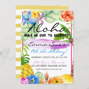 Aloha Tropical Flowers Luau Watercolor Birthday Invitation
