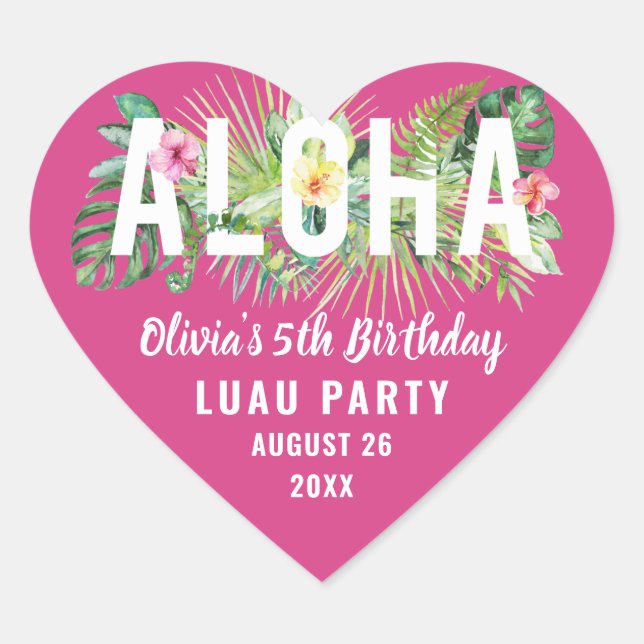 Aloha Tropical Fuchsia Pink Birthday Party Favour Heart Sticker (Front)