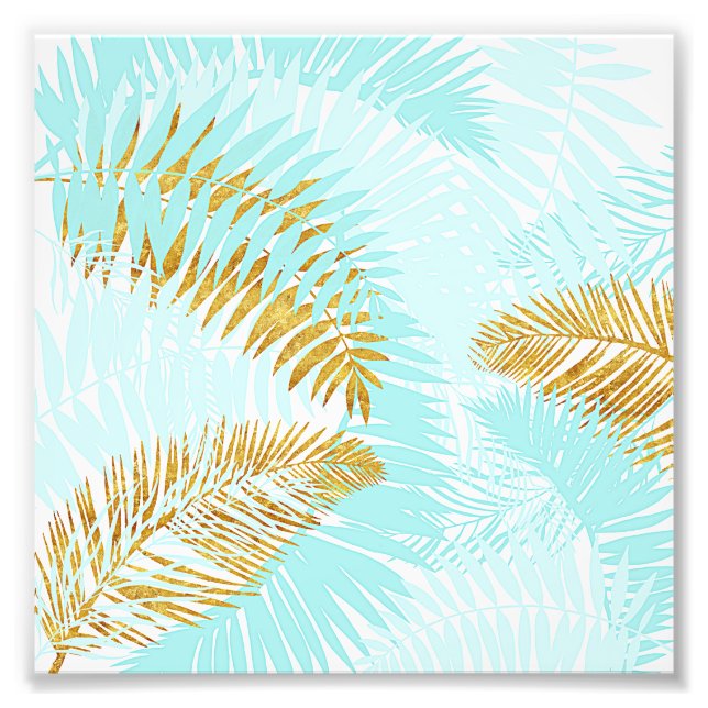 Aloha-Tropical Gold Metal Foil Aqua Palm Leaves Photo Print (Front)