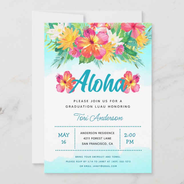 Aloha Tropical Graduation Luau Glitter Invitation (Front)