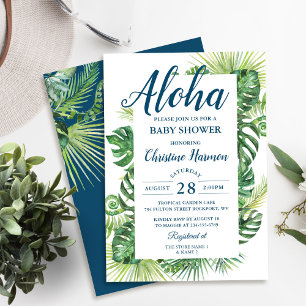 Aloha Tropical Greenery Blue Baby Shower Invitation