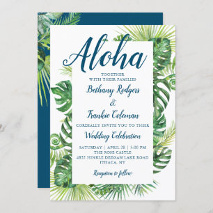 Aloha Tropical Greenery Blue Beach Wedding Invitation