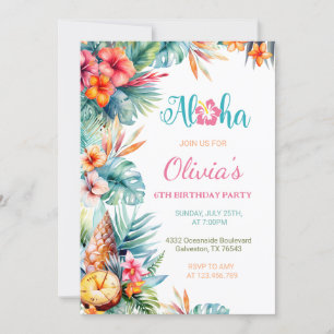 Aloha Tropical Hawaiian Floral Girl Birthday Party Invitation