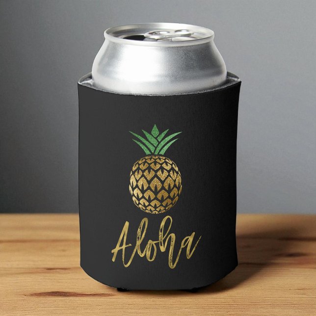 Aloha Tropical Hawaiian Pineapple Wedding Black Can Cooler (Creator Uploaded)