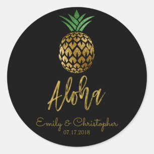 Aloha Tropical Hawaiian Pineapple Wedding Black Classic Round Sticker