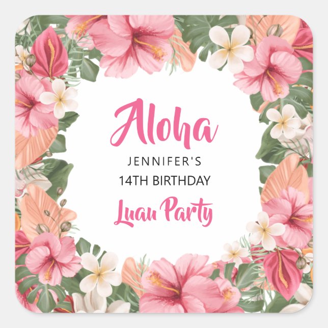 Aloha Tropical Hibiscus Luau Birthday Party Square Sticker (Front)