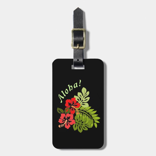 Aloha Tropical Hibiscus on Dark Personalised Luggage Tag (Front Vertical)
