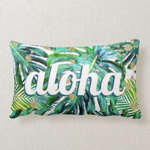 Aloha Tropical Leaf Pattern Monstera Hawaii Beach Lumbar Cushion