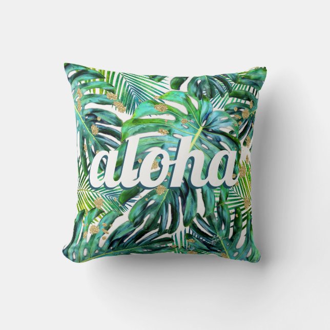 Aloha Tropical Leaf Pattern Monstera Leaves Hawaii Cushion (Front)