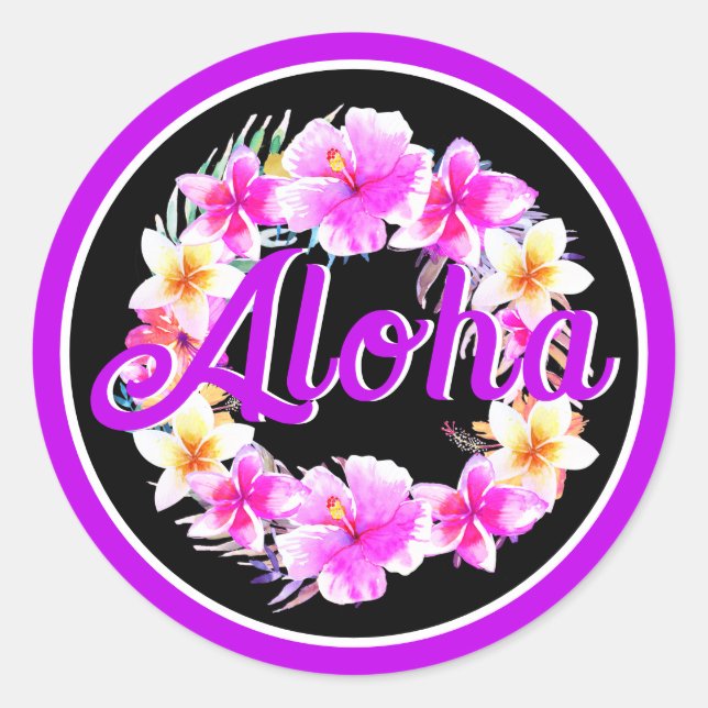 Aloha Tropical Luau Birthday Neon Purple Classic Round Sticker (Front)