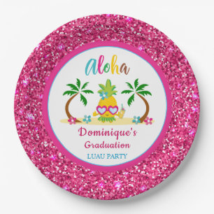 Aloha Tropical Luau Graduation Pink Glitter Paper Plate