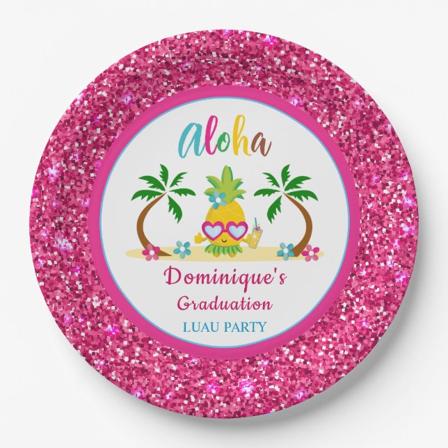 Aloha Tropical Luau Graduation Pink Glitter Paper Plate (Front)