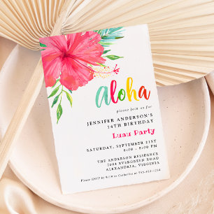 Aloha Tropical Luau Pink Hibiscus Birthday Party  Invitation