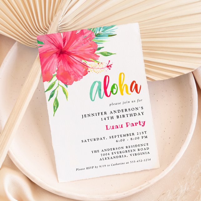 Aloha Tropical Luau Pink Hibiscus Birthday Party  Invitation (Creator Uploaded)