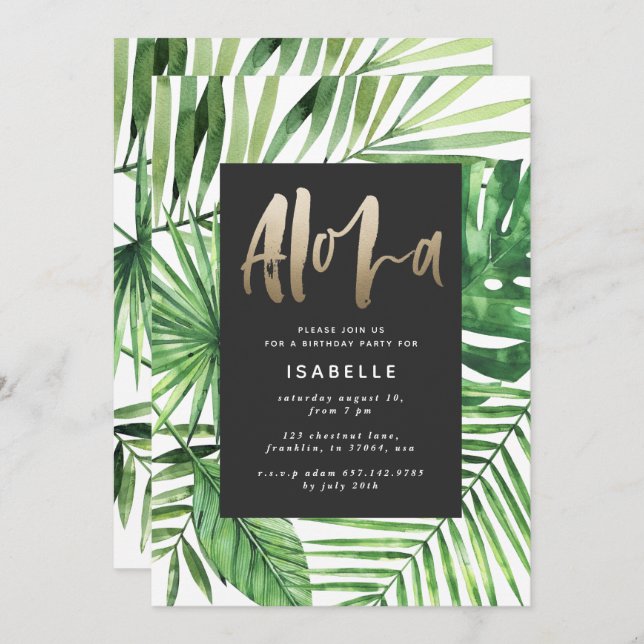 Aloha tropical palm & gold script party birthday save the date (Front/Back)