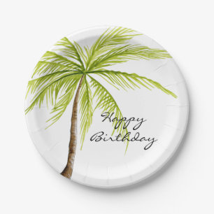 Aloha Tropical Palm Tree Beach Happy Birthday Paper Plate