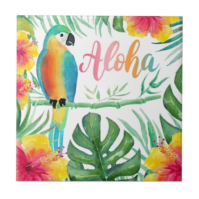 Aloha Tropical Parrot Hibiscus Palm  Ceramic Tile (Front)
