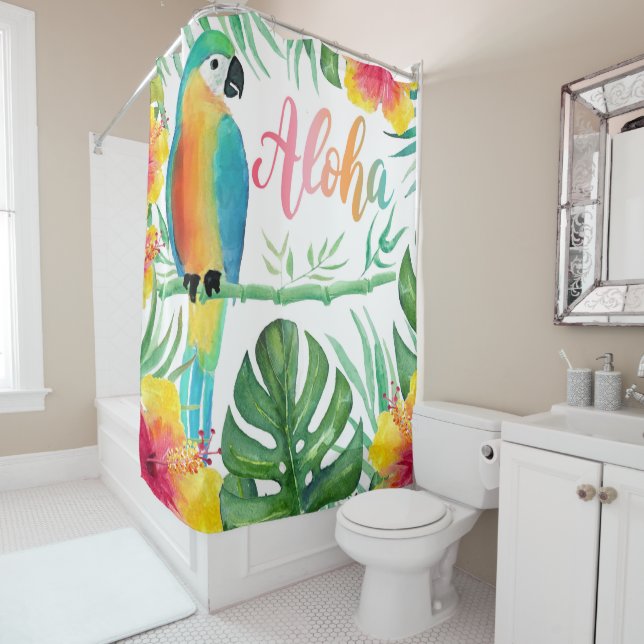 Aloha Tropical Parrot Hibiscus Palm Shower Curtain (In Situ)