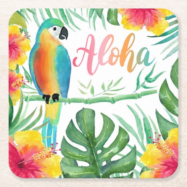 Aloha Tropical Parrot Hibiscus Palm Square Paper Coaster (Front)