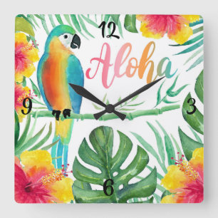 Aloha Tropical Parrot Hibiscus Palm Square Wall Cl Clock