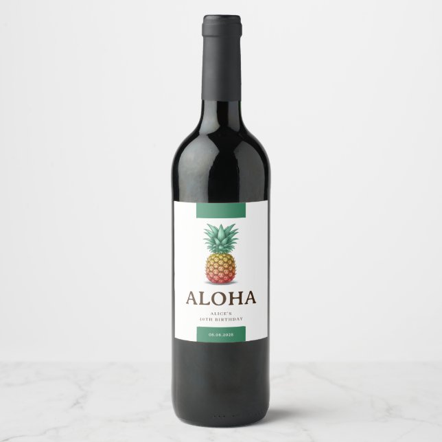 Aloha tropical party with retro pineapple wine label (Front)