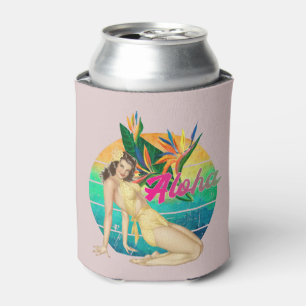 Aloha Tropical Pin-up girl retro sunset art Can Cooler