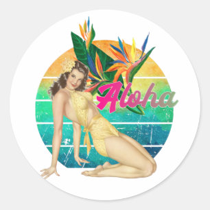 Aloha Tropical Pin-up girl retro sunset art  Classic Round Sticker
