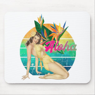 Aloha Tropical Pin-up girl retro sunset art Mouse Pad