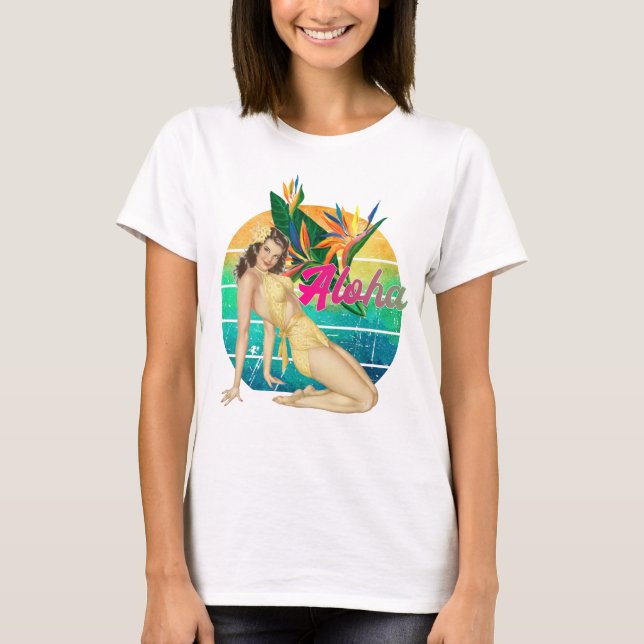 Aloha Tropical Pin-up girl retro sunset art T-Shirt (Front)