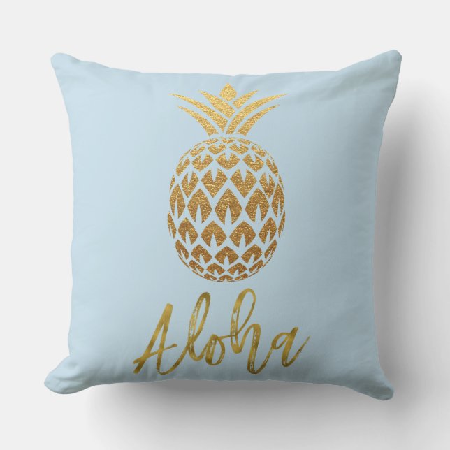 Aloha Tropical Pineapple Blue and Gold Foil Pillow (Front)