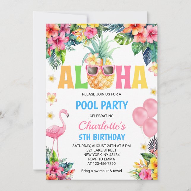 Aloha Tropical Pineapple Flamingo Pool Party Invitation (Front)
