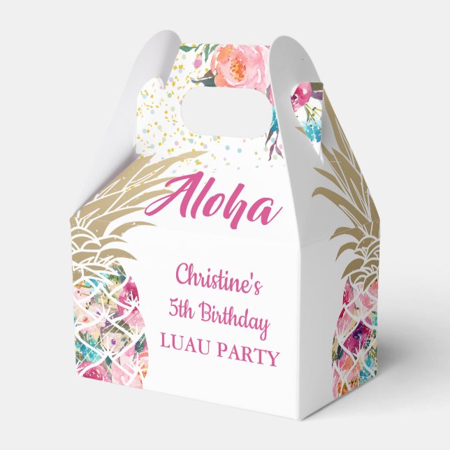 Aloha Tropical Pineapple Pink Floral Birthday Favour Box (Front Side)