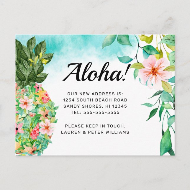Aloha Tropical Pineapple Pink Floral Hawaii Moving Announcement Postcard (Front)