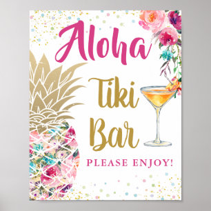 Aloha Tropical Pineapple Pink Floral Tiki Bar Sign