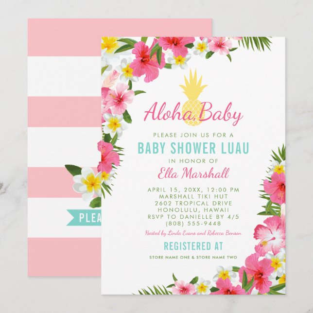 Aloha Tropical Pink Floral Pineapple Baby Shower Invitation (Front/Back)