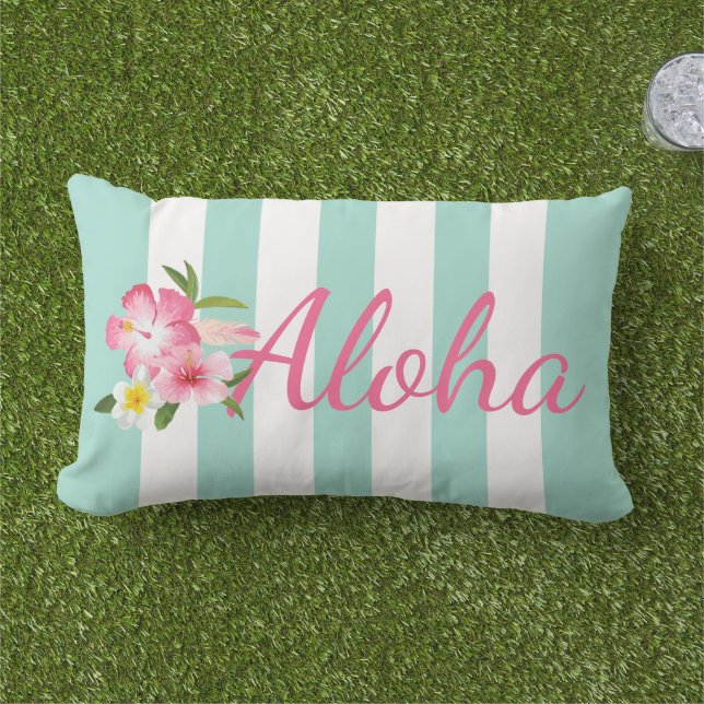 Aloha Tropical Pink Flowers and Aqua Blue Stripes Lumbar Cushion (Grass)