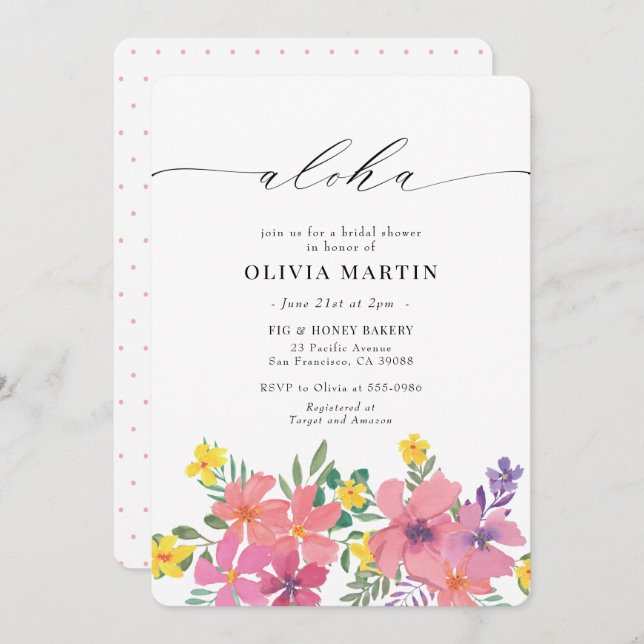 Aloha Tropical Pink Flowers Bridal Shower Invitation (Front/Back)