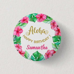 Aloha Tropical Pink Gold Hibiscus Birthday Party   3 Cm Round Badge