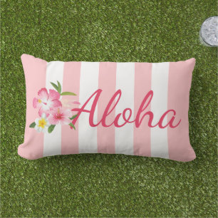 Aloha Tropical Pink Hibiscus Flowers and Stripes Lumbar Cushion