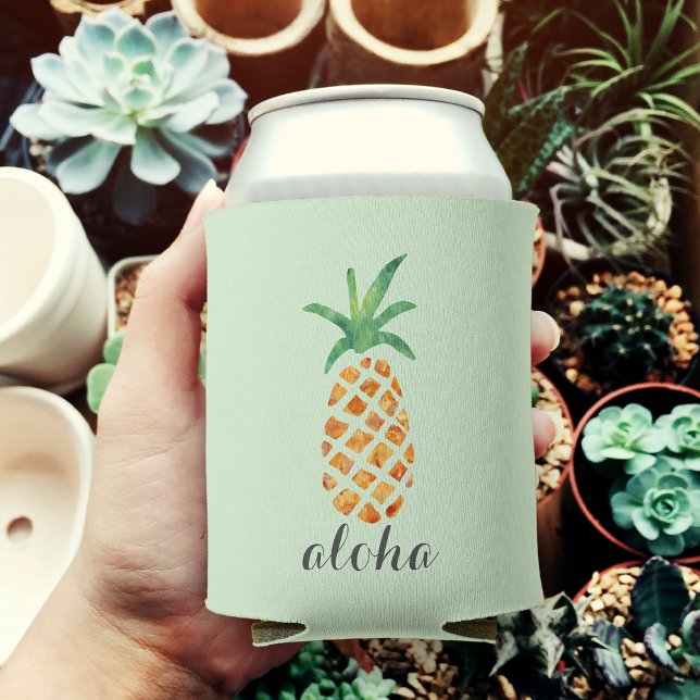 Aloha Tropical Watercolor Pineapple Can Cooler (Creator Uploaded)
