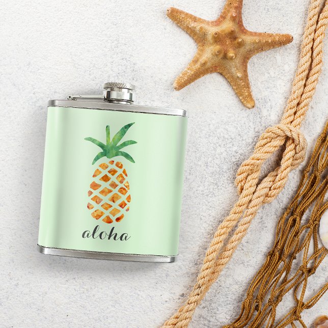 Aloha Tropical Watercolor Pineapple Personalised Hip Flask (Creator Uploaded)