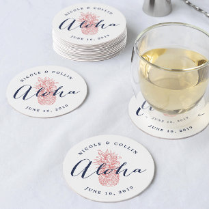 Aloha Tropical Watercolor Pineapple Round Paper Coaster
