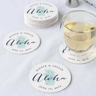 Aloha Tropical Watercolor Pineapple Round Paper Coaster