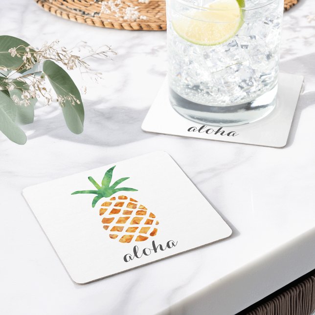 Aloha Tropical Watercolor Pineapple Square Paper Coaster (Creator Uploaded)