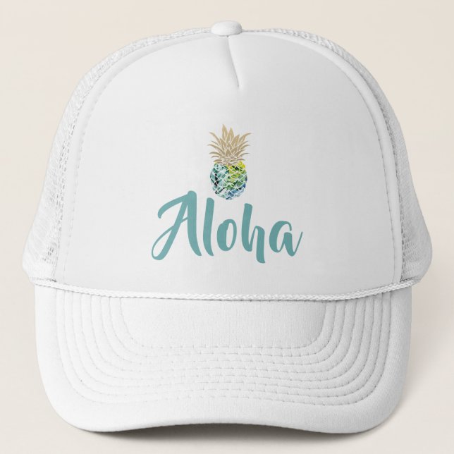 Aloha Tropical Watercolor Pineapple Trucker Hat (Front)
