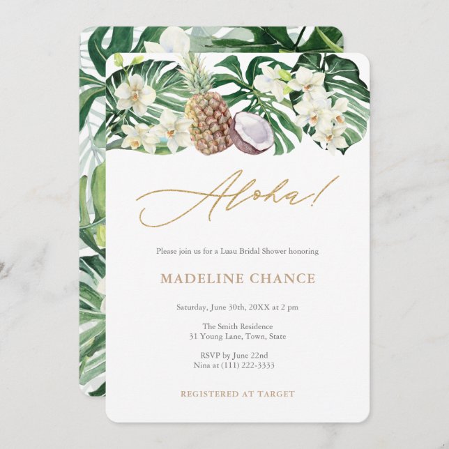 Aloha Tropical White Green Bridal Shower Party Invitation (Front/Back)
