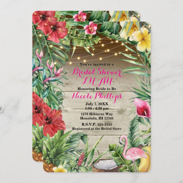 Aloha Tropical Wood Floral Leaves & Lights Bridal Invitation (Front/Back)
