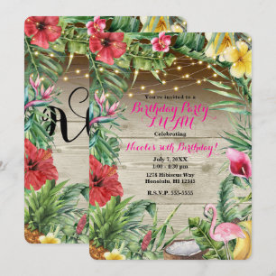 Aloha Tropical Wood Floral Leaves & Lights Luau Invitation